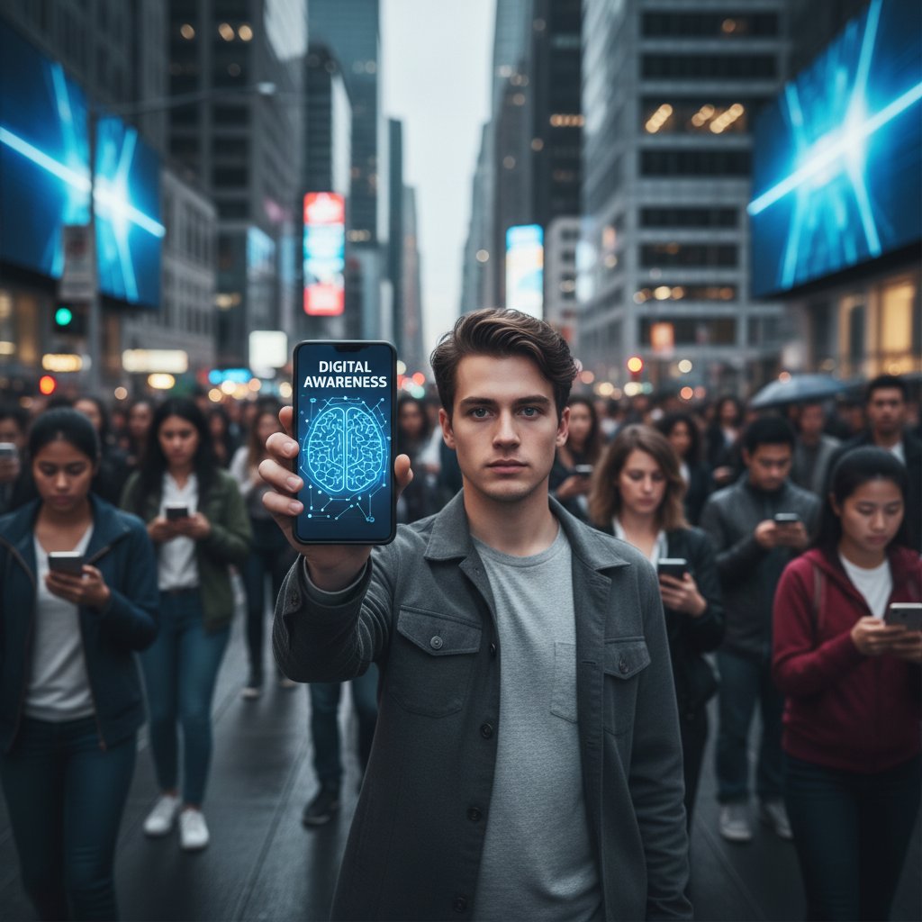 Młoda osoba korzystająca ze smartfona w miejskim tłumie – symbol świadomego użytkownika technologii
