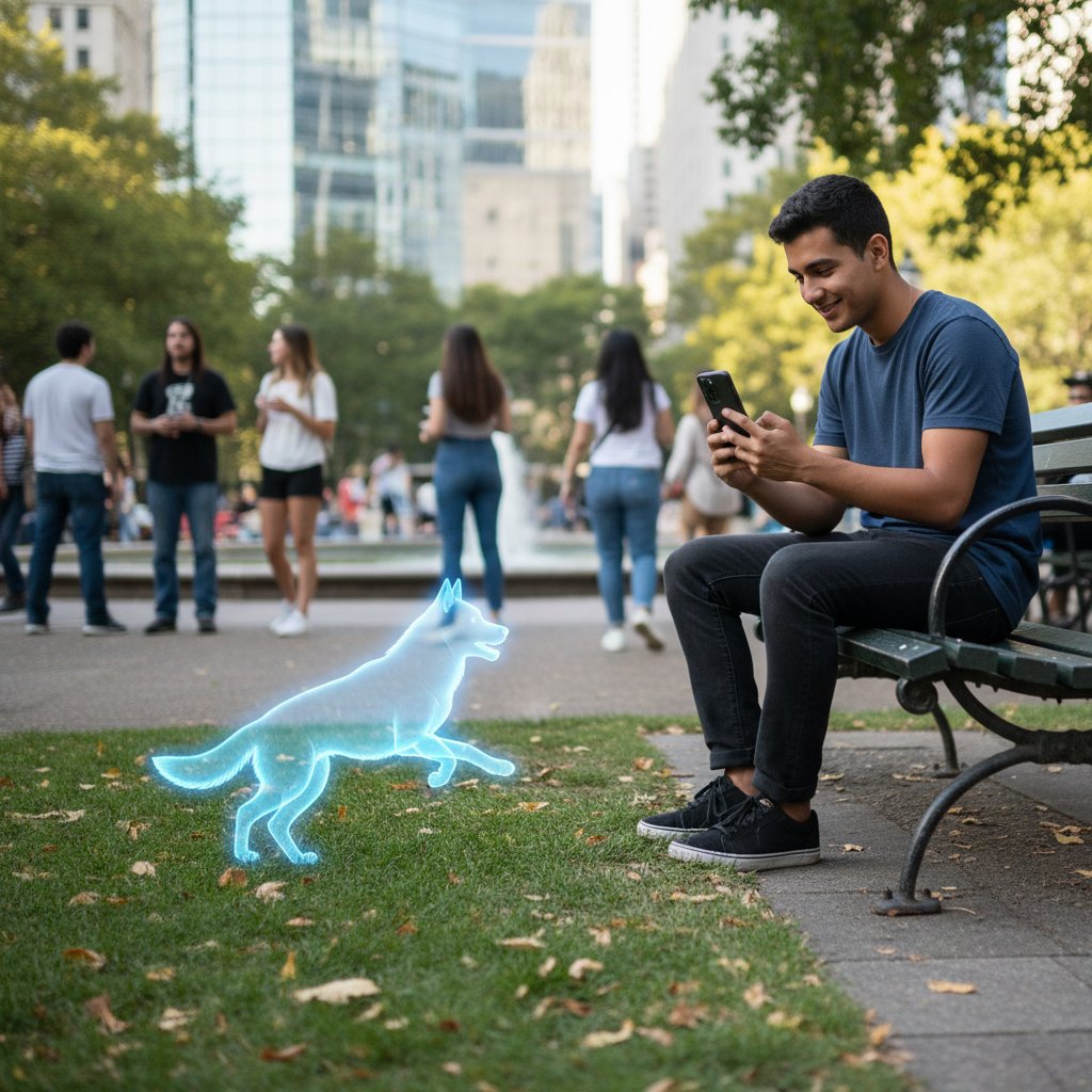 Młoda osoba trzymająca smartfon z aplikacją symulatora psa na tle miejskiego parku, cyfrowy pies na ekranie