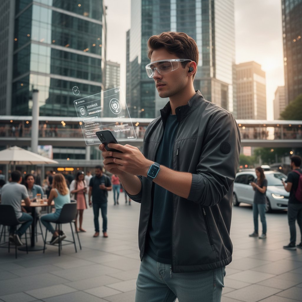 Junge Person mit Smartphone, Wearable am Handgelenk, digitale Vernetzung, KI unterstützt, modernes Stadtleben