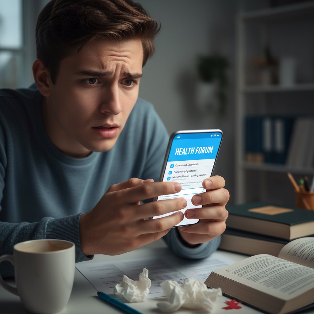 Młoda osoba ze smartfonem w ręku, twarz zaniepokojona, ekran z forami zdrowotnymi