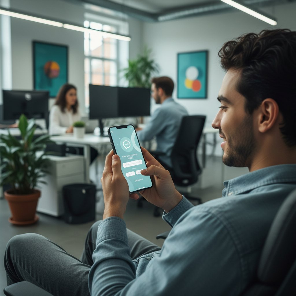 Junger Mensch mit Smartphone-App für emotionale Unterstützung, moderne Büroatmosphäre