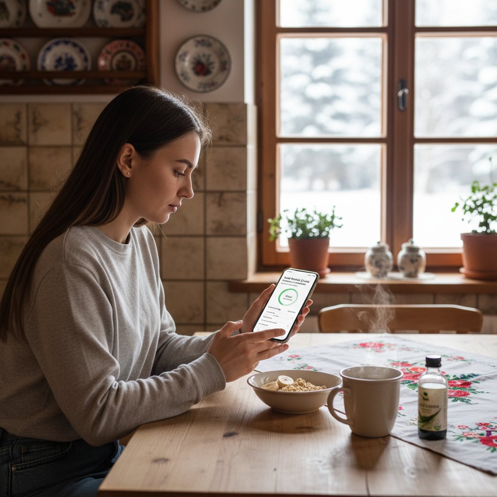 Młoda osoba korzystająca ze smartfona, aplikacja zdrowotna, dieta refluksowa, polskie mieszkanie