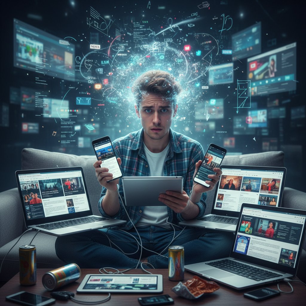 Młoda osoba otoczona smartfonami i laptopami, pokazująca zmęczenie informacyjnym przeciążeniem przez kanały cyfrowe