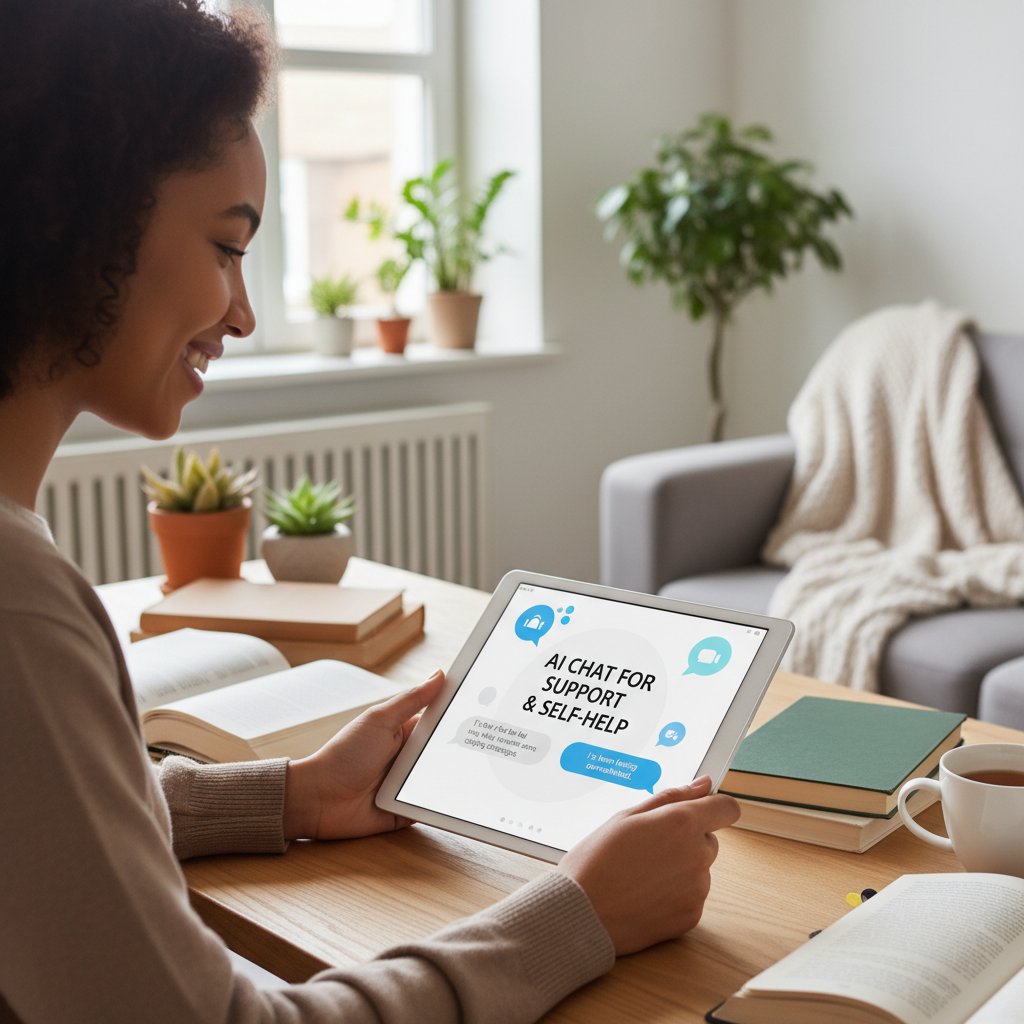 Młoda osoba uśmiechnięta, patrząca na telefon podczas rozmowy z AI – symbol wsparcia nowej generacji