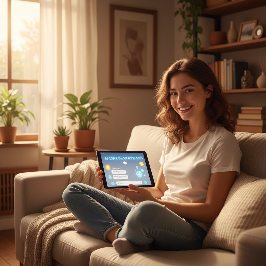 Osoba uśmiechająca się do wiadomości od AI kumpla, przytulne światło, pozytywna atmosfera