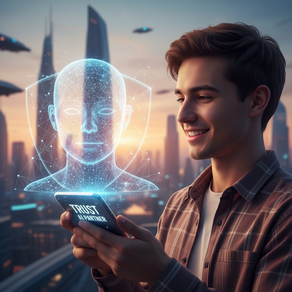 Junge Person lächelt beim Chat mit einer empathischen KI-Partnerin am Smartphone, Atmosphäre von Vertrauen