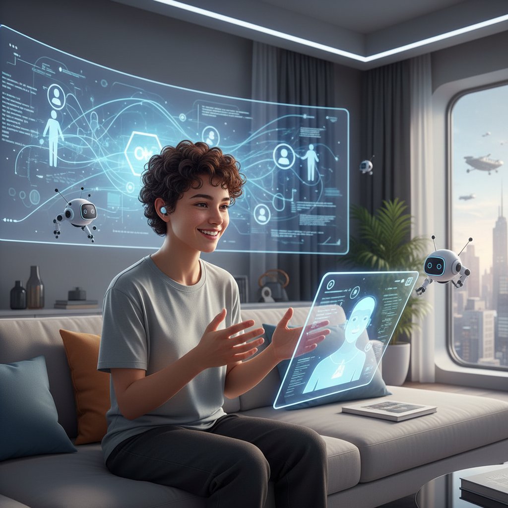 Zdjęcie młodej osoby uśmiechającej się do ekranu podczas rozmowy z AI – symbol nowoczesnych relacji online