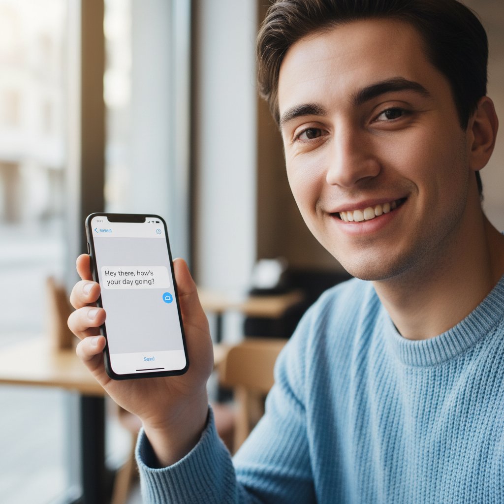 Młoda osoba uśmiecha się do telefonu, przygotowując się do rozpoczęcia rozmowy online