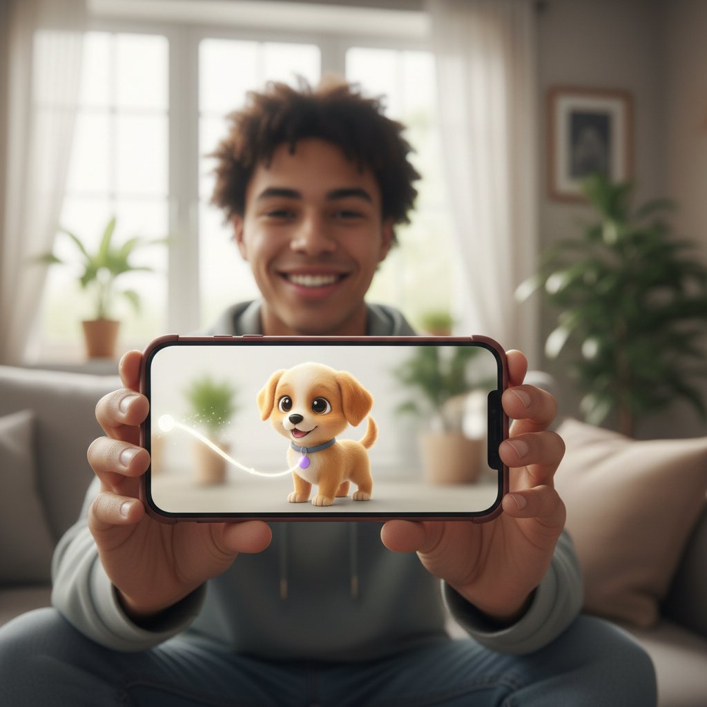 Młoda osoba uśmiechnięta z telefonem, obok na ekranie wirtualny piesek, radość z cyfrowej opieki