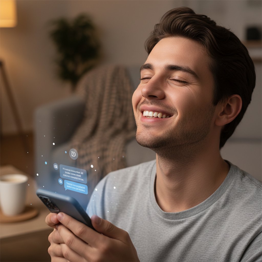 Młoda osoba uśmiecha się patrząc na telefon, poczucie ulgi dzięki rozmowie z AI