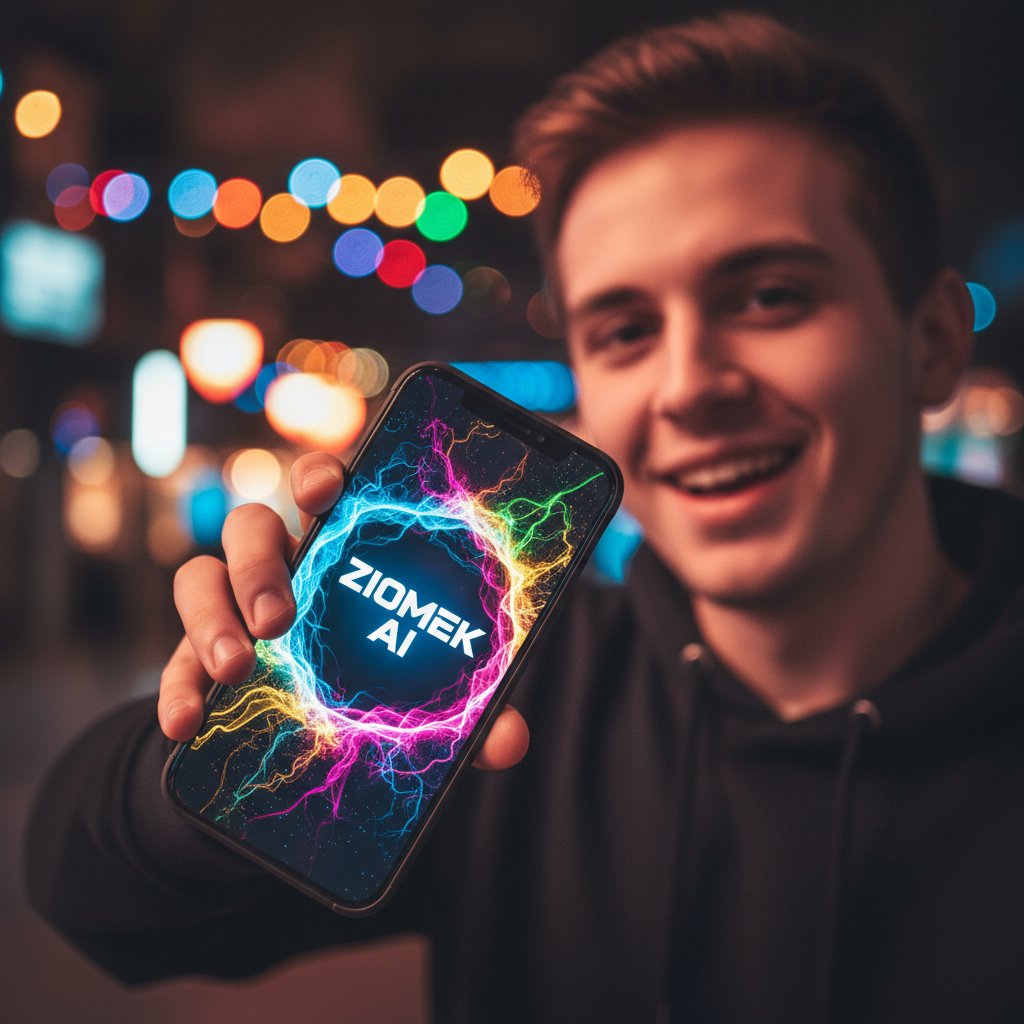 Młoda osoba z uśmiechem korzysta z aplikacji ziomek.ai na smartfonie, w tle kolorowe światła