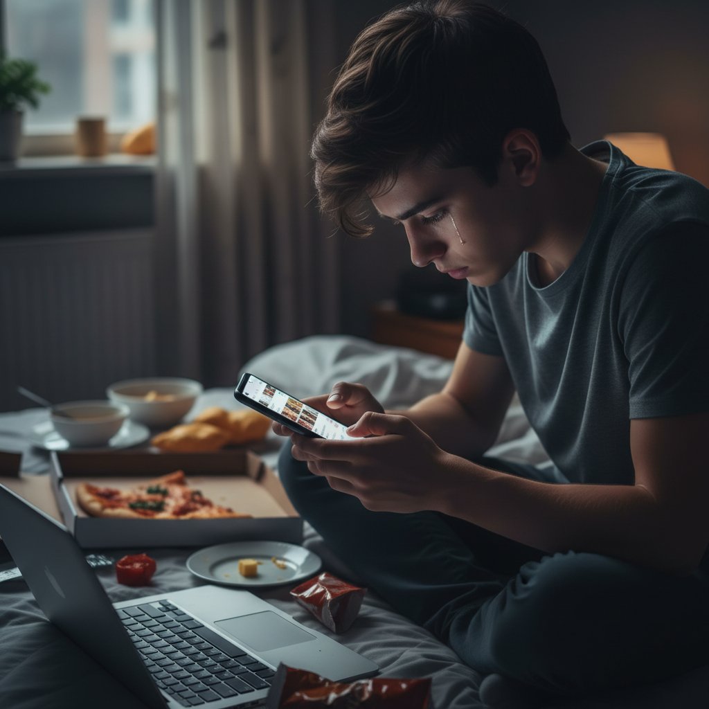 Młoda osoba przeglądająca social media w pokoju, z widocznym smutkiem