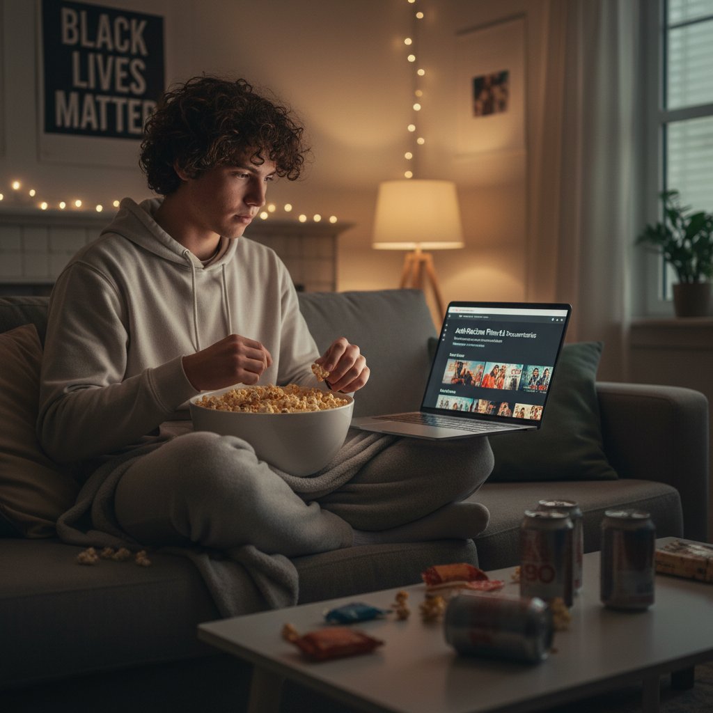 Young person browsing streaming service menu featuring anti-racism movies, laptop with popcorn