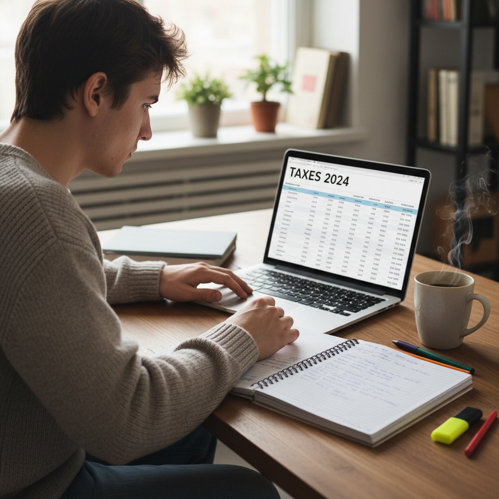 Młoda osoba ucząca się podatków online przy laptopie, notatki, kubek kawy, skupiony wyraz twarzy