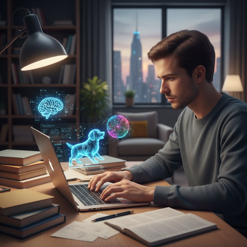 Młoda osoba korzystająca z piesek.ai podczas nauki w domu, obok laptop i książki