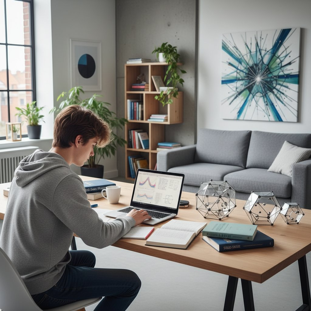 Zdjęcie młodej osoby uczącej się fizyki ciała stałego online na laptopie, wyświetlone modele krystaliczne na ekranie, nowoczesne otoczenie