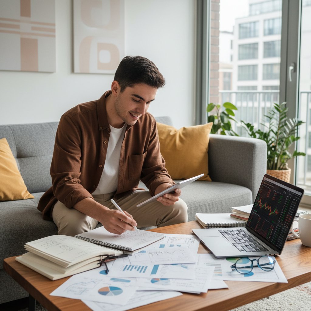 Młoda osoba ucząca się finansów online w nowoczesnym mieszkaniu, ekran laptopa z wykresem i notatkami