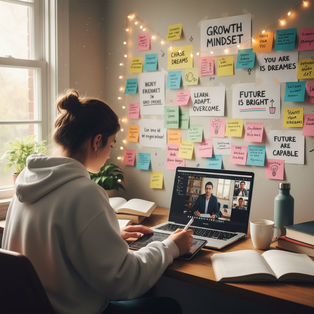 Młoda osoba ucząca się online z motywacyjnymi notatkami na ścianie