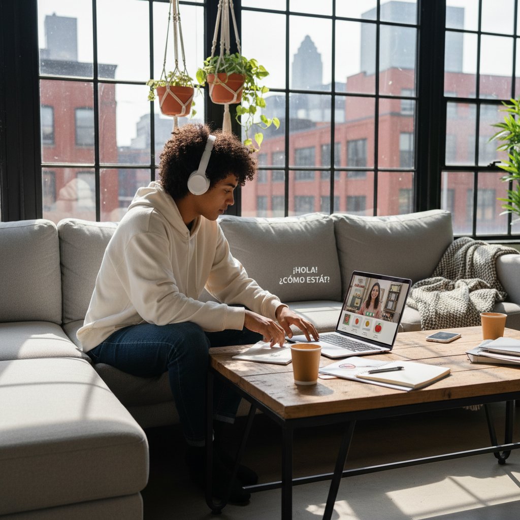 Osoba ucząca się hiszpańskiego online w nowoczesnym mieszkaniu, przy komputerze z AI