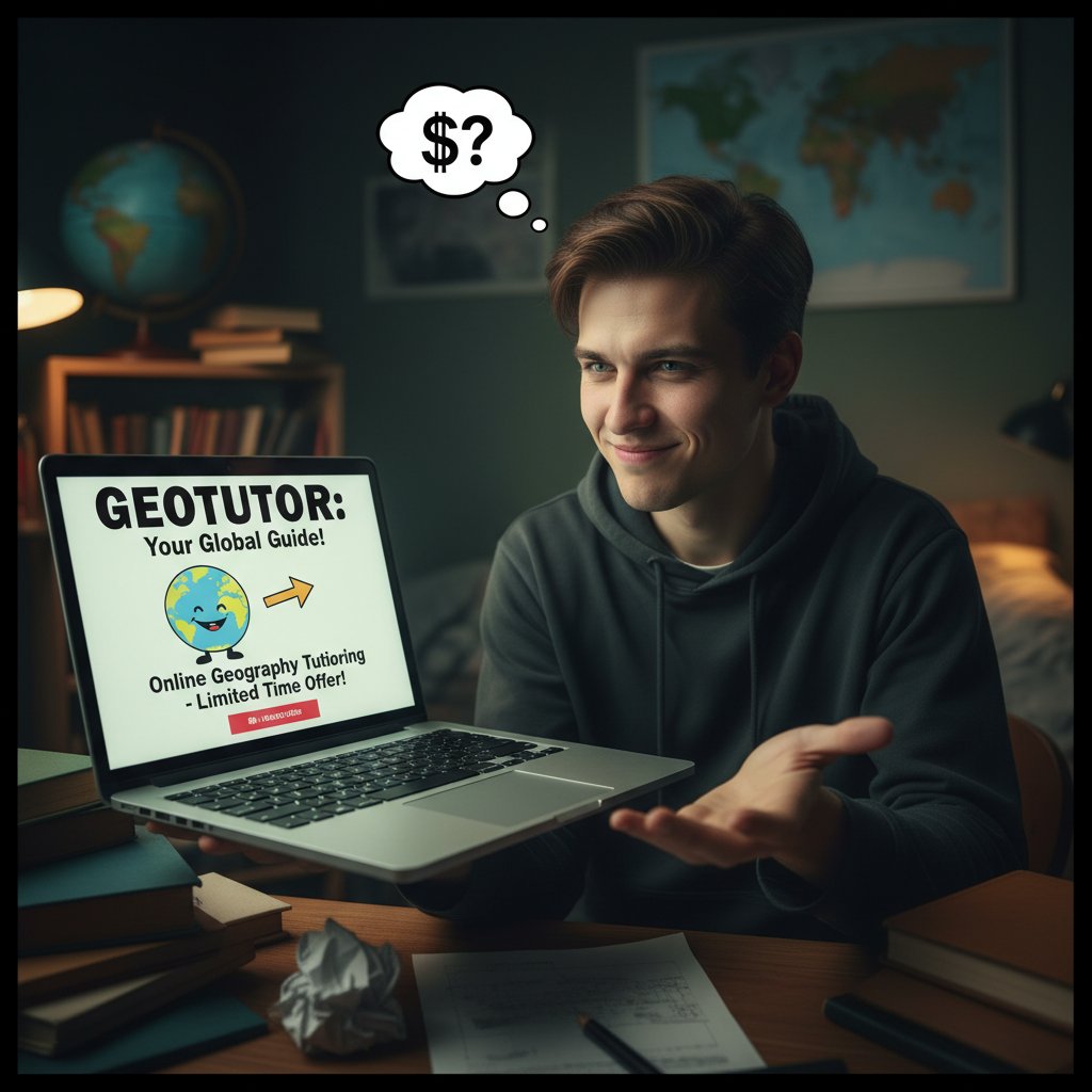 Osoba patrząca podejrzliwie na ekran laptopa, na którym wyświetlone są oferty korepetycji online z geografii