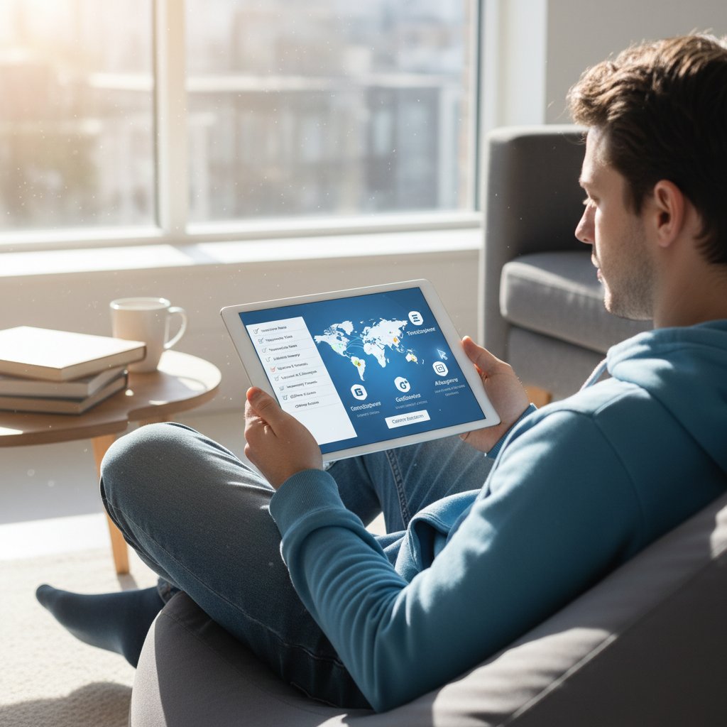 Młoda osoba zaznaczająca checklistę na tablecie, obok mapa – wybór najlepszej platformy do korepetycji geografia online