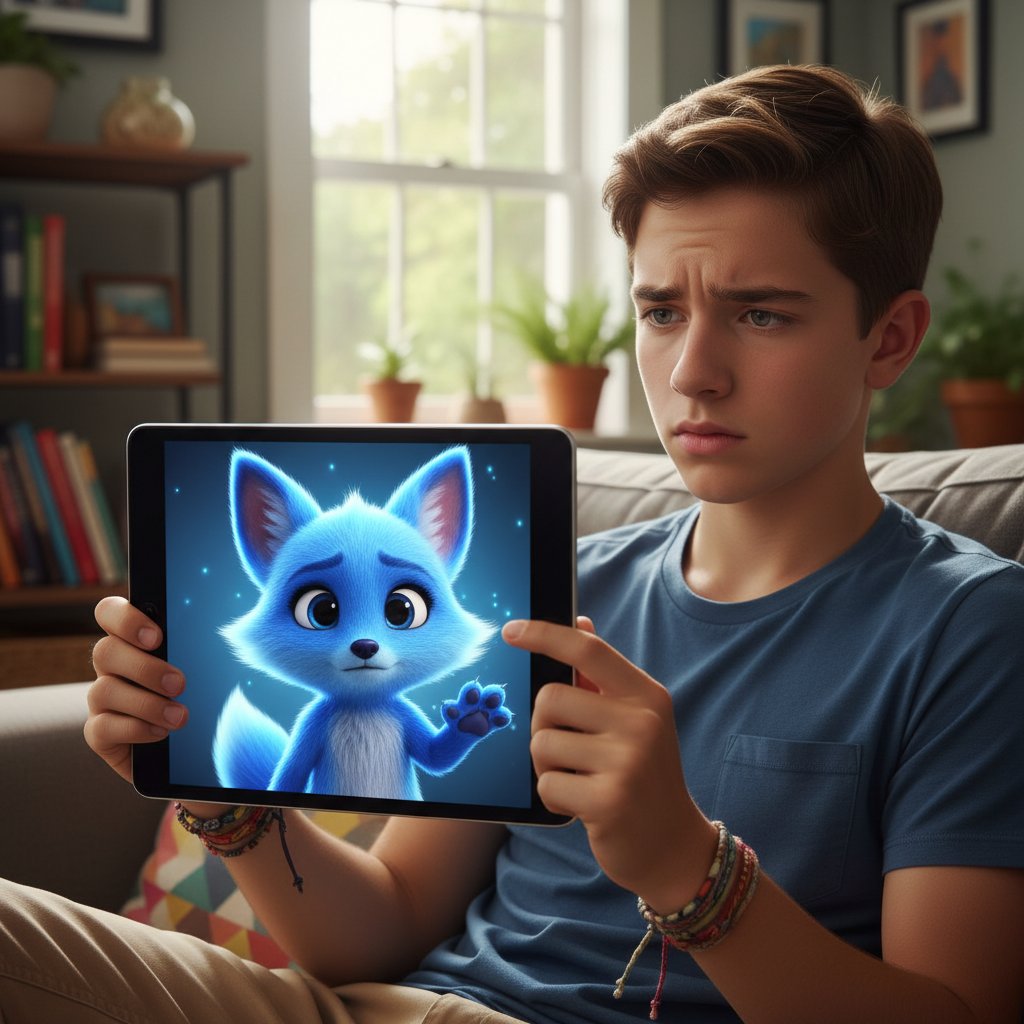 Młoda osoba rozmawiająca z cyfrowym towarzyszem na tablecie, widoczne emocje na twarzy