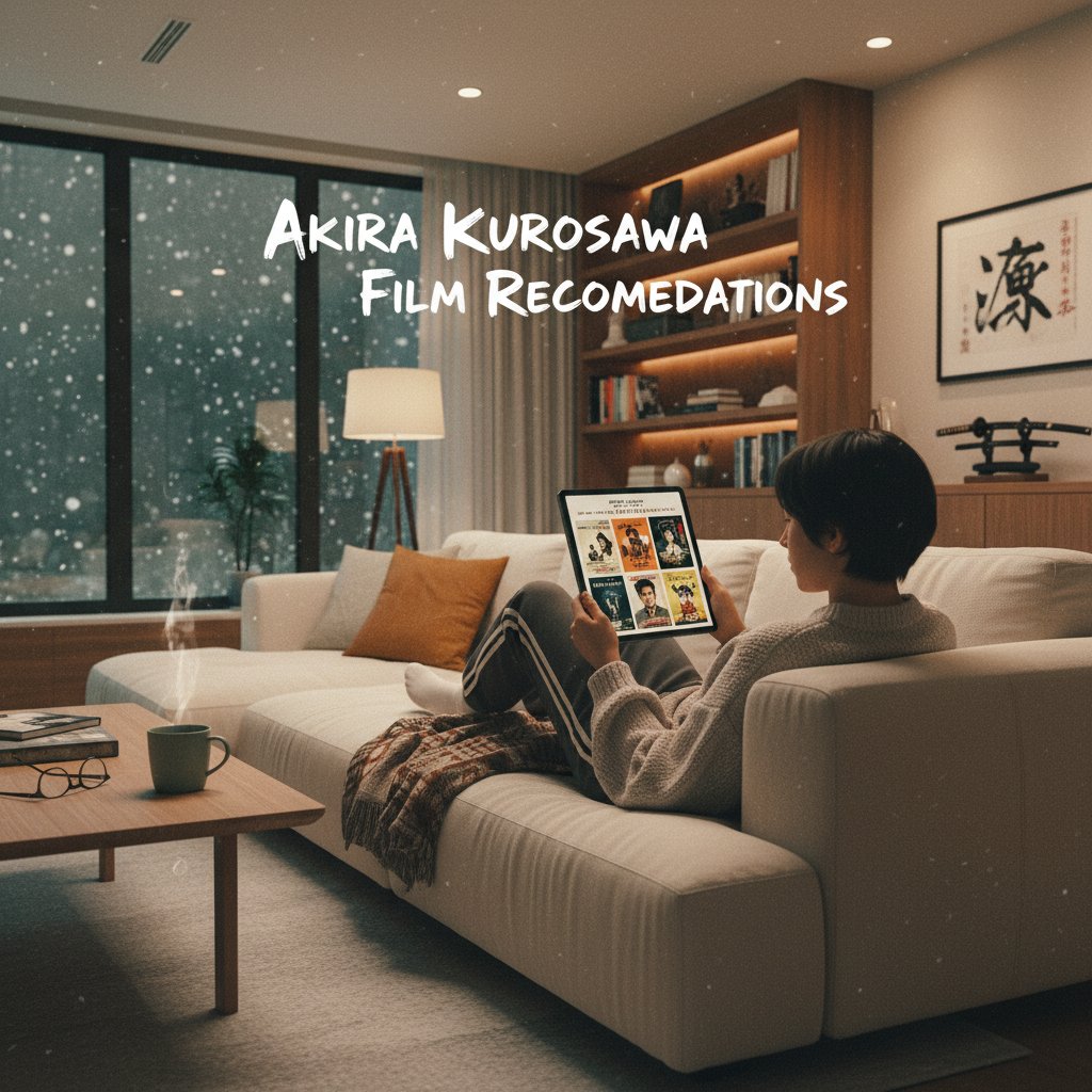 Young person using tasteray.com on a tablet, Kurosawa film recommendations on screen, cozy modern setting, akira kurosawa movies discovery