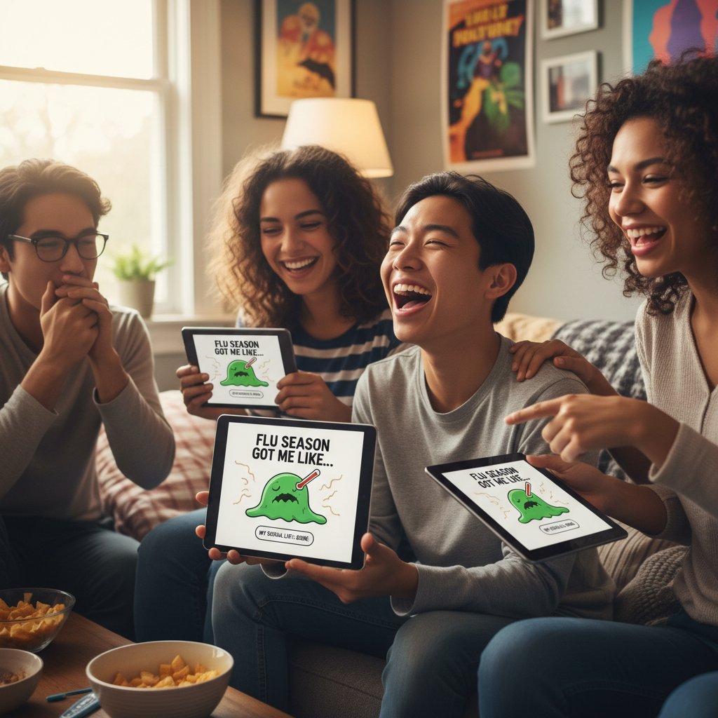 Młody człowiek z tabletem, śmieje się z mema o grypie, w tle znajomi komentujący grafikę