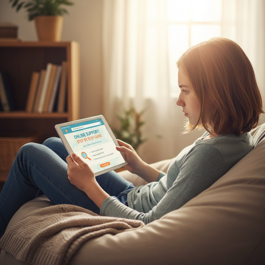 Młoda osoba trzymająca w ręku tablet z wyświetlonym przewodnikiem krok po kroku po bezpiecznym wsparciu online