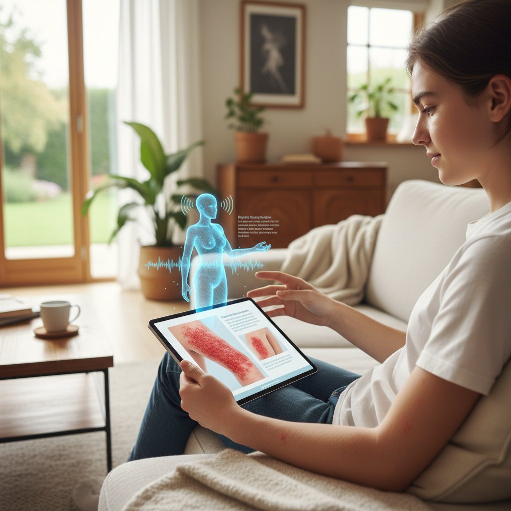 Młoda osoba w domowym wnętrzu, rozmawiająca z cyfrowym asystentem na ekranie tabletu, atmosfera zaufania