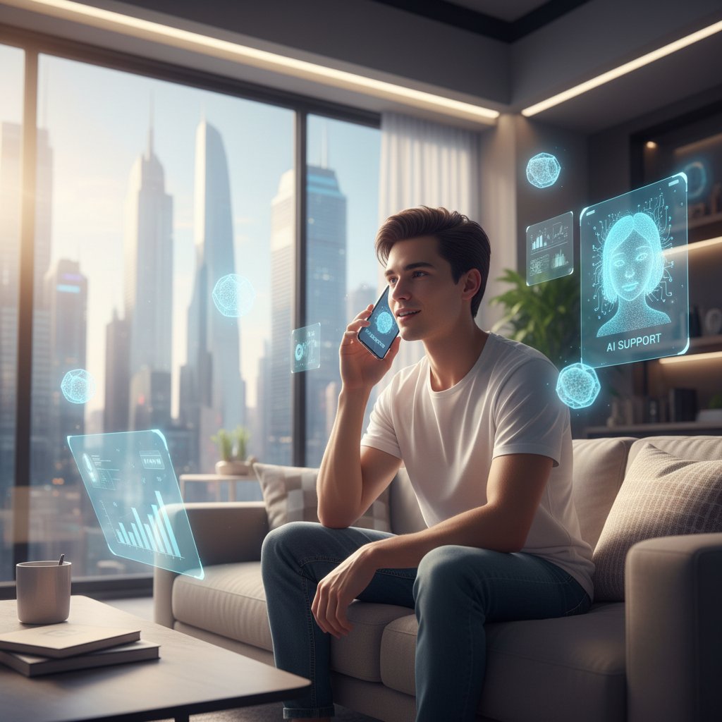 Młoda osoba rozmawiająca przez telefon z AI, symbol nowoczesnej rozmowy poprawiającej nastrój