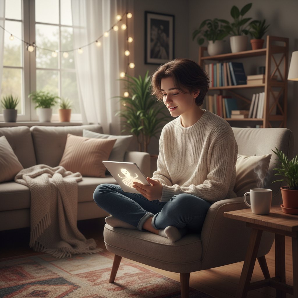 Młoda osoba rozmawiająca z AI przez telefon w przytulnym wnętrzu – symbol wsparcia i kontaktu