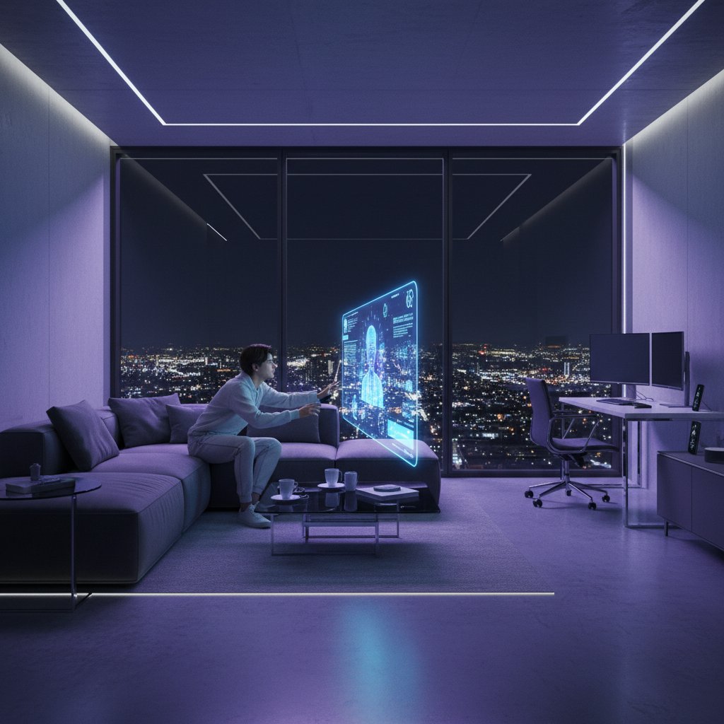 Młoda osoba prowadzi rozmowę z AI na laptopie w nowoczesnym mieszkaniu, światło z ekranu podkreśla atmosferę technologicznej rewolucji