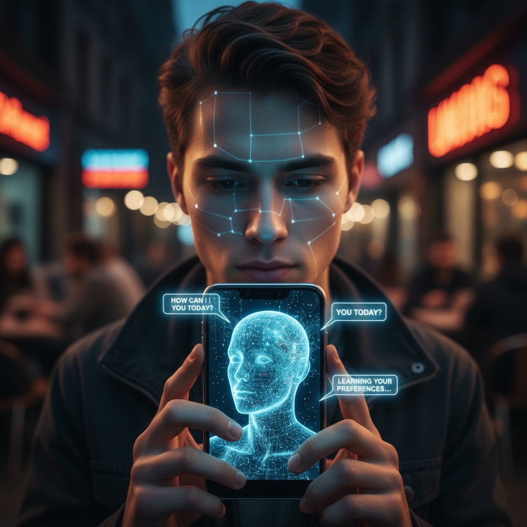 Młoda osoba rozmawiająca z AI na smartfonie, zamyślona twarz odbijająca się w ekranie