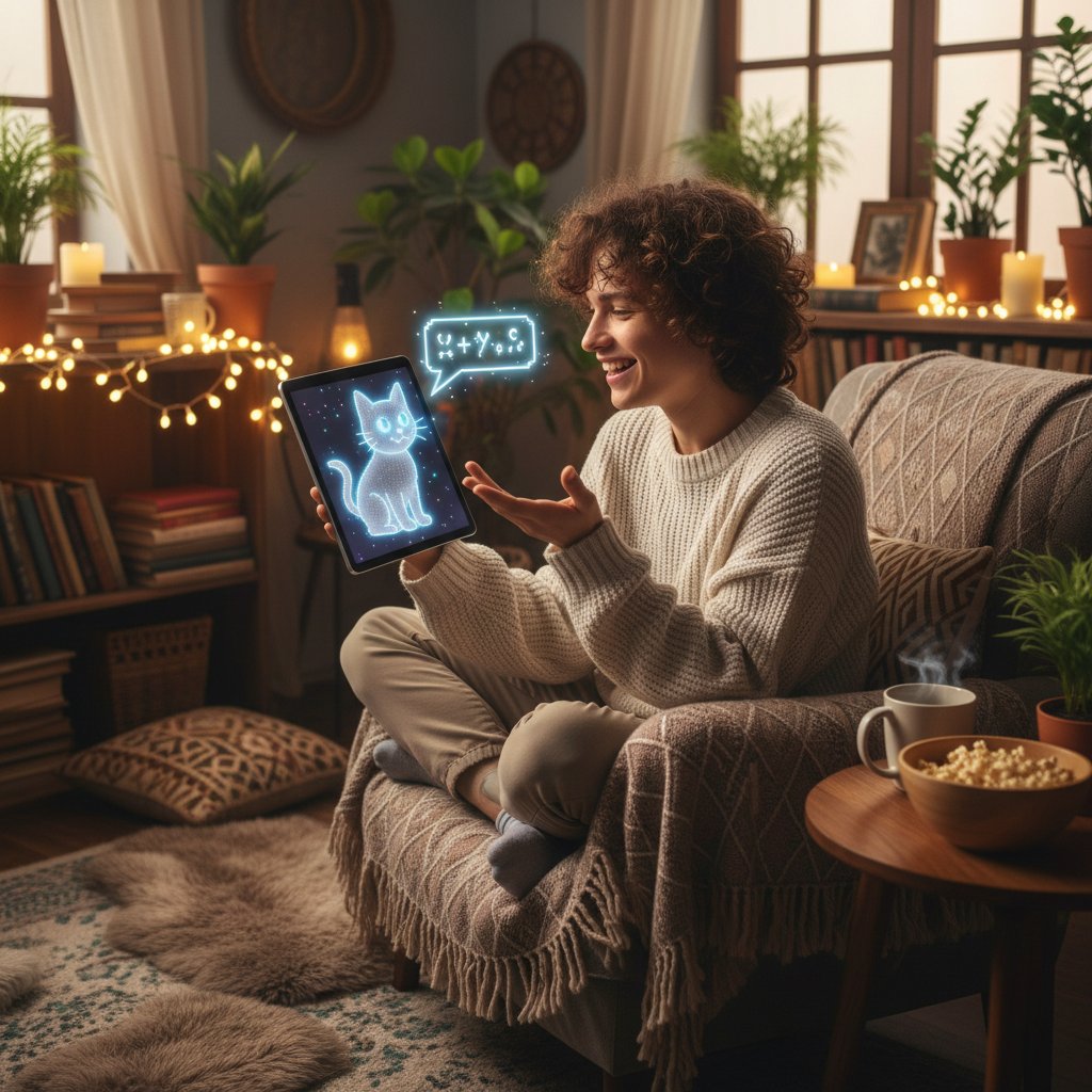 Młoda osoba rozmawiająca z wirtualnym kotkiem na ekranie smartfona, wieczorna atmosfera w pokoju