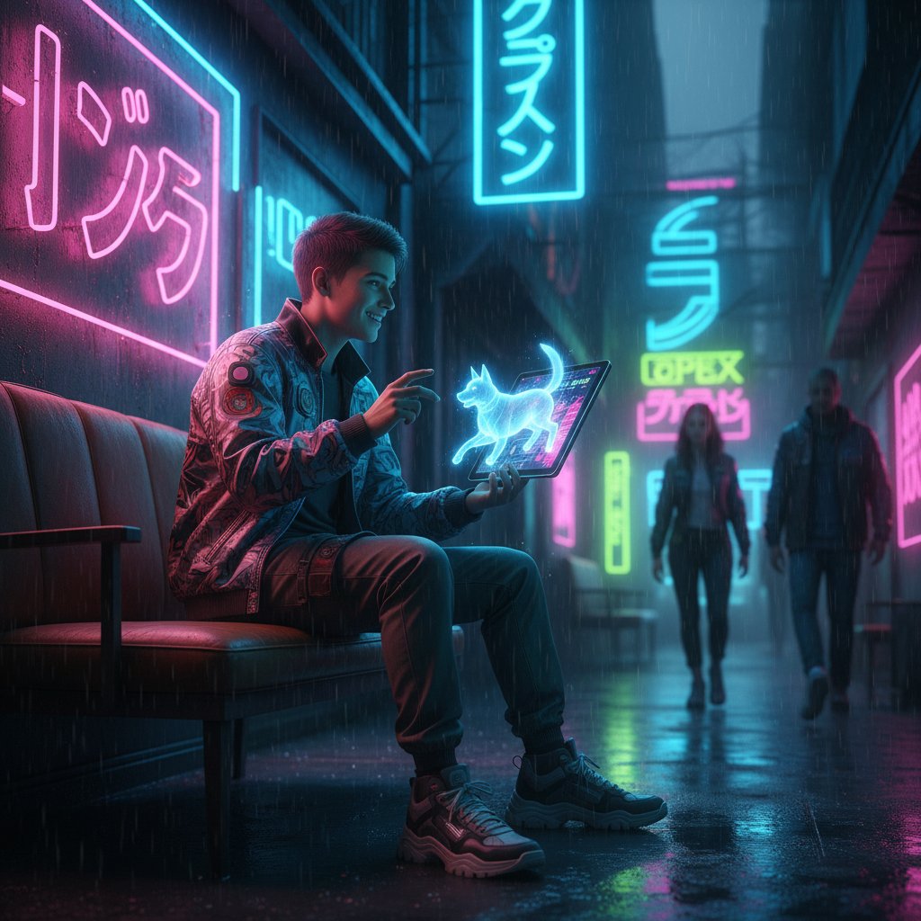 Młoda osoba rozmawiająca z wirtualnym pieskiem na tablecie, neonowe światło, urban style