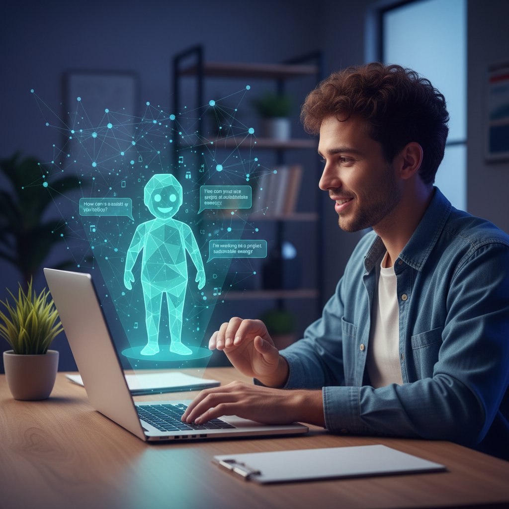 Młoda osoba rozmawiająca z AI na ekranie laptopa, komfort domowy, cyfrowe wsparcie