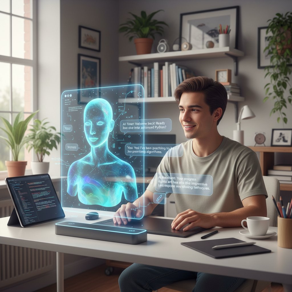 Młody człowiek rozmawiający z wirtualnym asystentem, AI wspiera rozwój umiejętności rozmów online