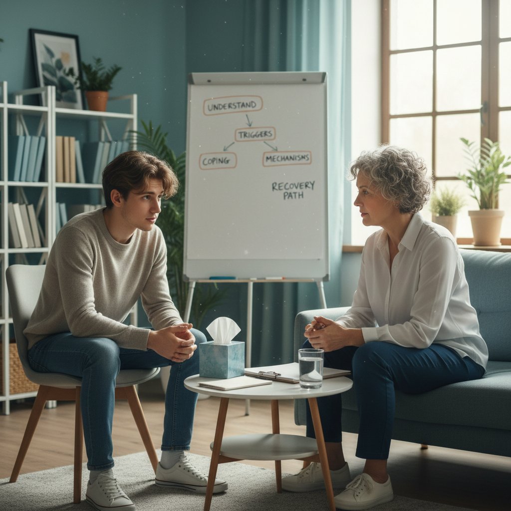 Młoda osoba rozmawia szczerze z terapeutą, wyważona atmosfera, psychoterapia uzależnień