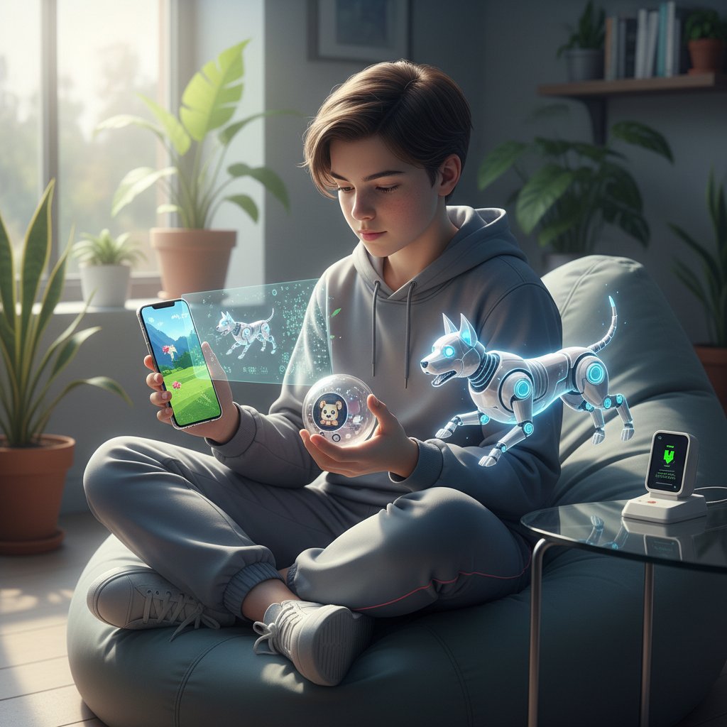 Młoda osoba trzymająca stare Tamagotchi i nowoczesnego smartfona z pieskiem AI na ekranie