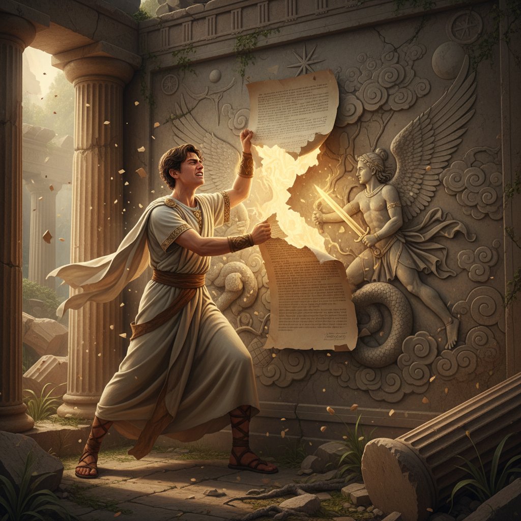 Młoda osoba rozrywająca kartki z napisem ‘mit’, wyraz ulgi i radości