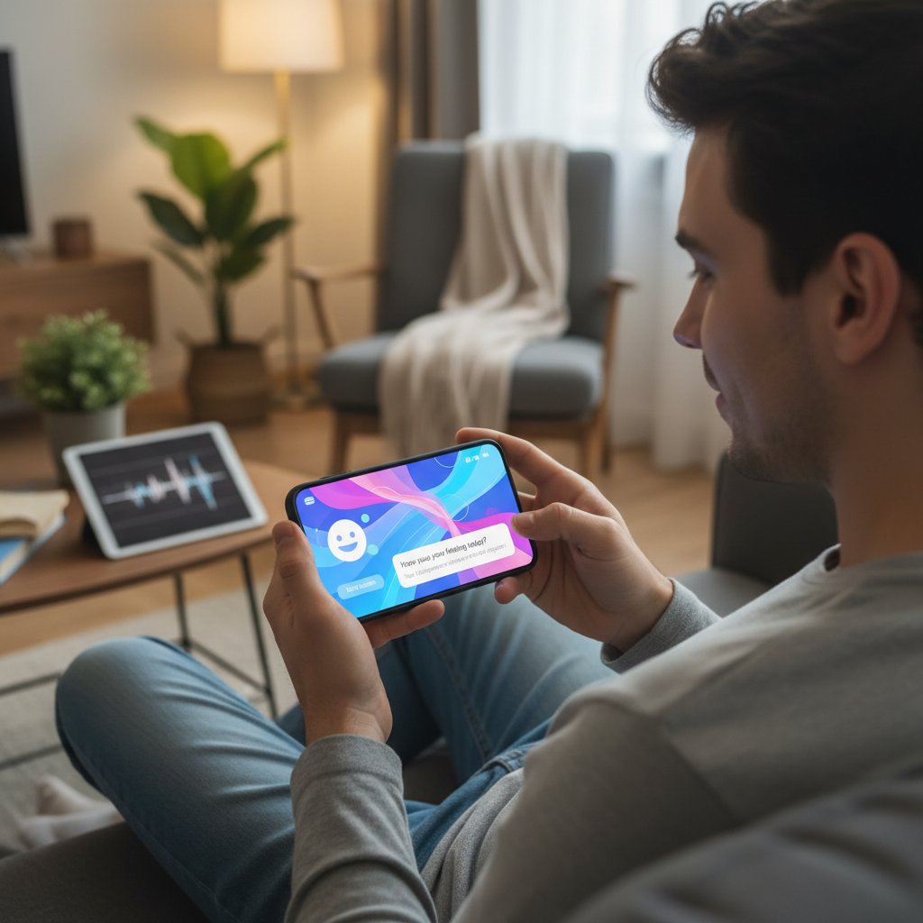 Młoda osoba testująca aplikację AI do wsparcia zdrowia psychicznego na smartfonie