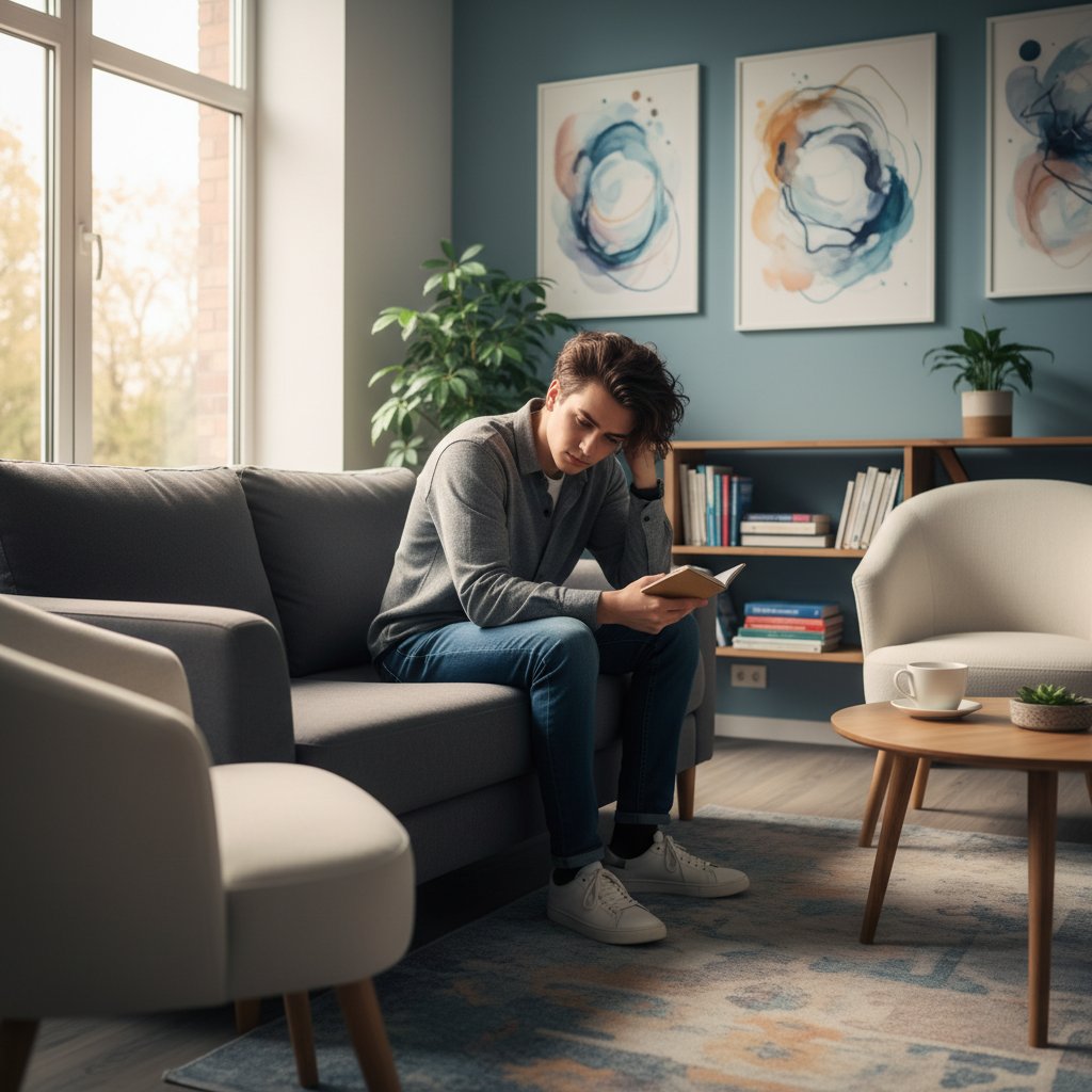 Młoda osoba zmagająca się z emocjami w nowoczesnym gabinecie terapeutycznym – psychoterapia zaburzeń odżywiania w Polsce