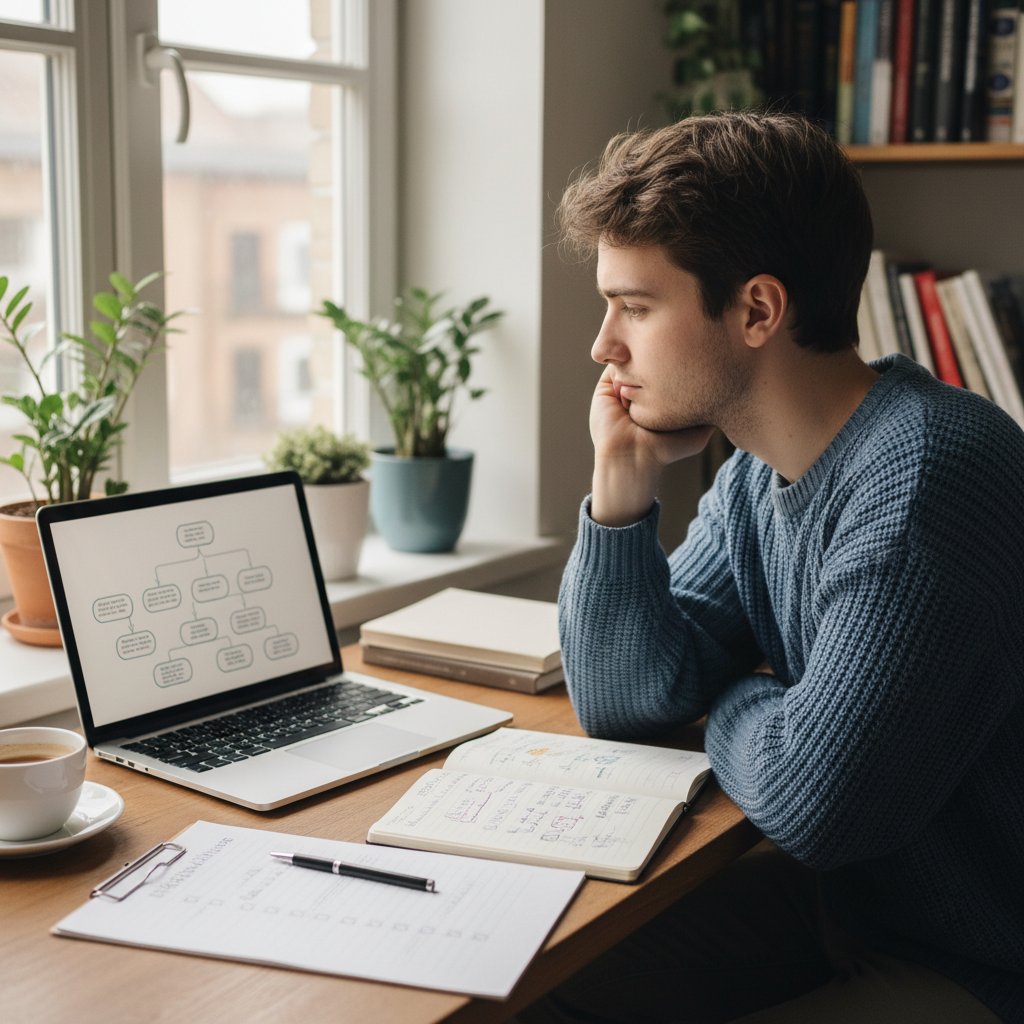 Młody człowiek patrzy zamyślony w ekran laptopa, obok notatnik z checklistą