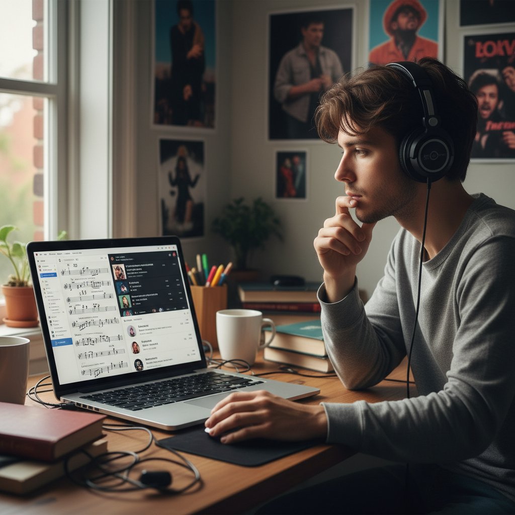 Młody człowiek rozważający naukę muzyki online, zamyślony nad laptopem z nutami