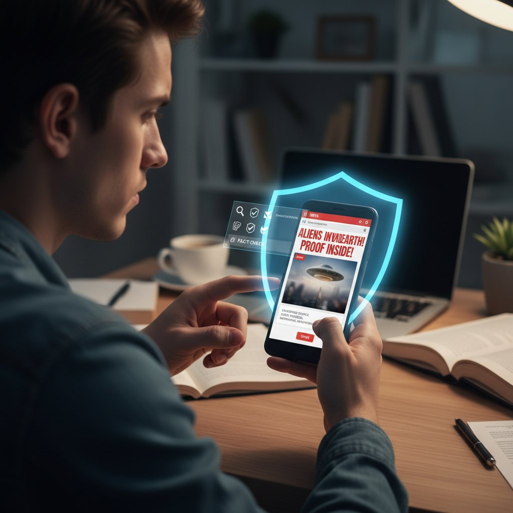 Młody człowiek z zamyśleniem odpowiadający na pytania na smartfonie, obok notatki z hasłami: fake news, weryfikacja, źródła