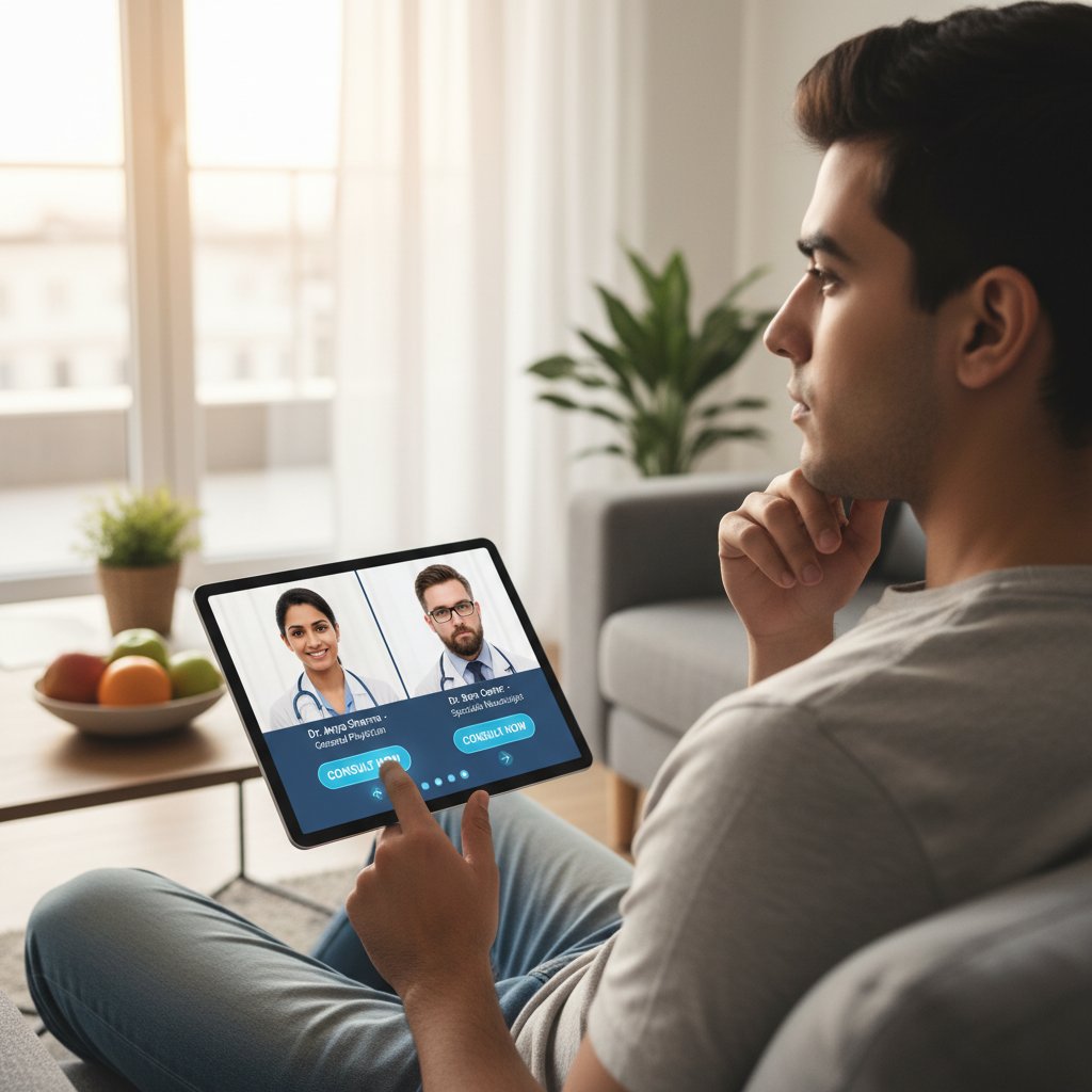 Młoda osoba zastanawiająca się nad wyborem między konsultacją online a wizytą u lekarza