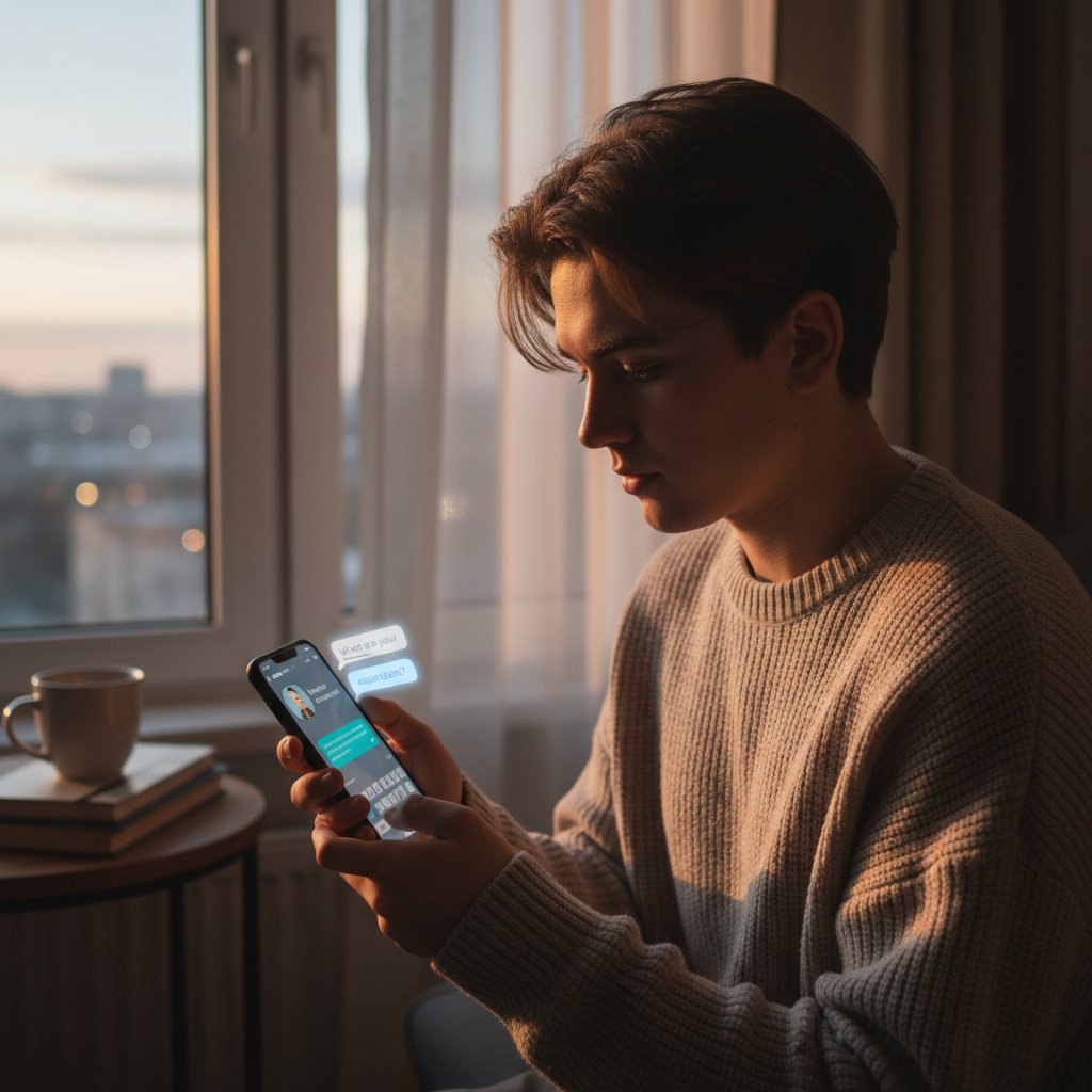 Młoda osoba zamyślona nad rozmową z chatbotem AI, ekran smartfona, światło wieczorne, słowa kluczowe "psychologia AI"