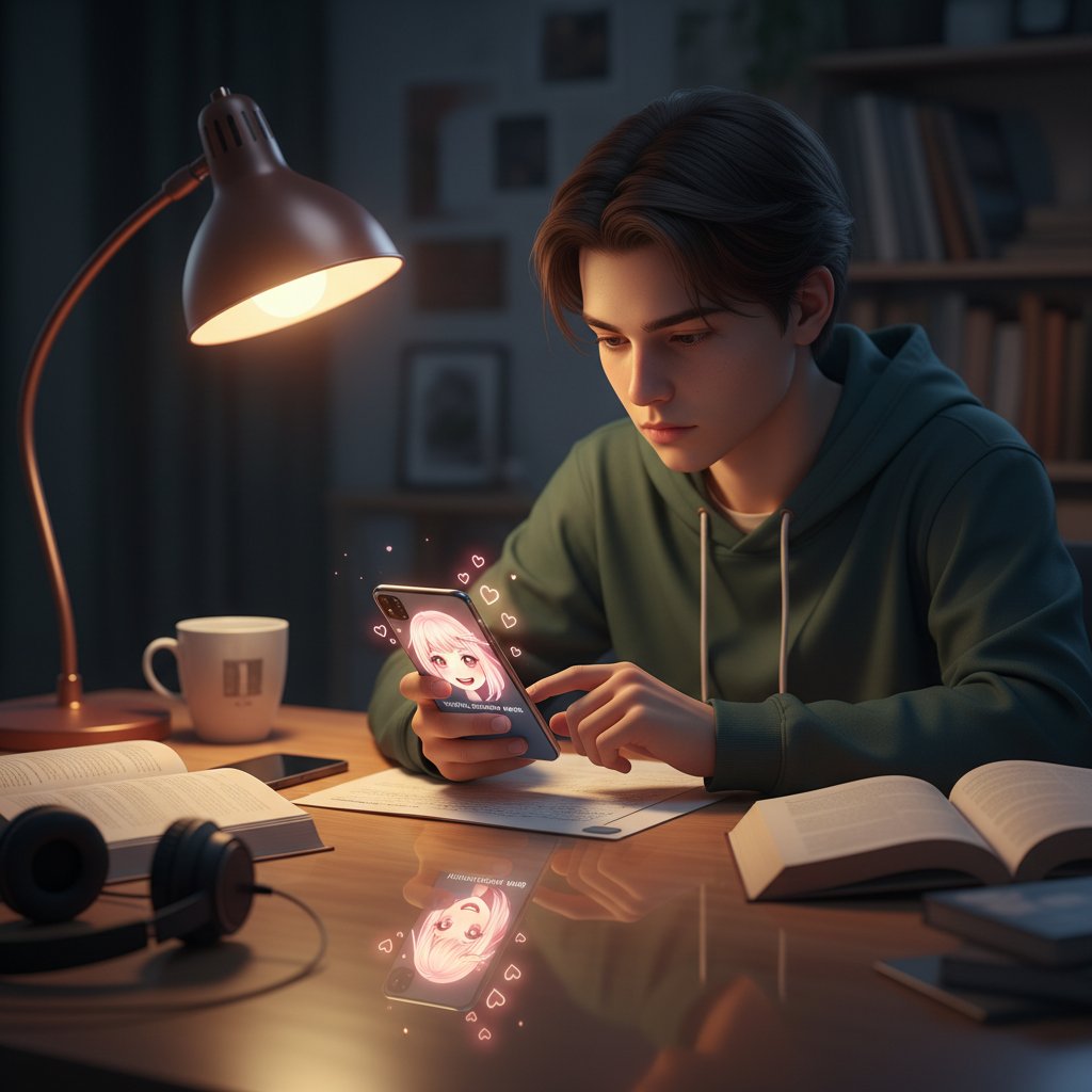 Junge Person sitzt nachdenklich mit Smartphone im Schein einer Lampe am Schreibtisch, reflektiert nach Chat mit virtueller Freundin – Thema Reflexion und Nachwirkung