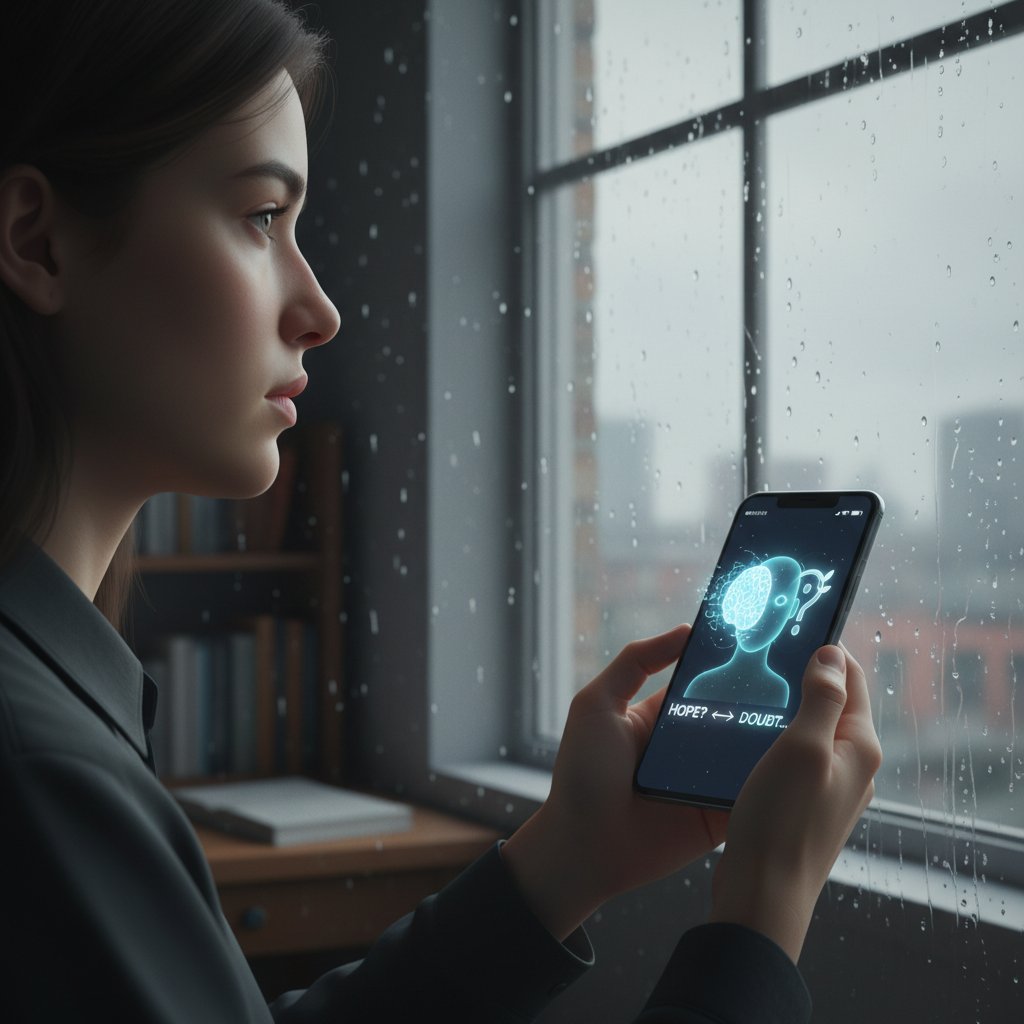 Junger Mensch blickt nachdenklich aus dem Fenster, Smartphone mit KI-Avatar in der Hand, symbolisiert Hoffnung und Zweifel